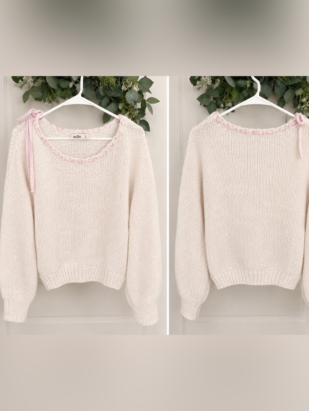 Hollister Cream Knit Sweater with Pink Neck Trim